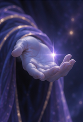 Mão estendida com uma luz — símbolo da orientação da Alasphera