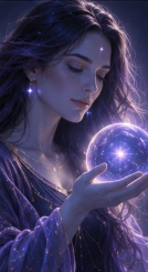 A Alasphera personificada — guia espiritual envolta em véus violeta sob um céu estrelado
